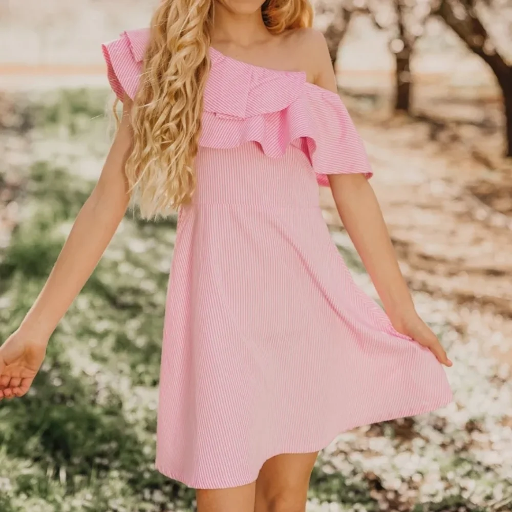 Habitual Pink Striped One-Shoulder Dress, Sz 14 Girls - Picture 1 of 7